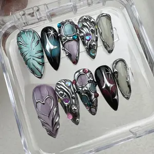 Cyber Y2K Chrome Press On Nails – Aura Gradient Stiletto Nails, 3D Silver Metallic Nail Art, Futuristic Galaxy Gem Handmade Nails, Alt Goth Glam Set