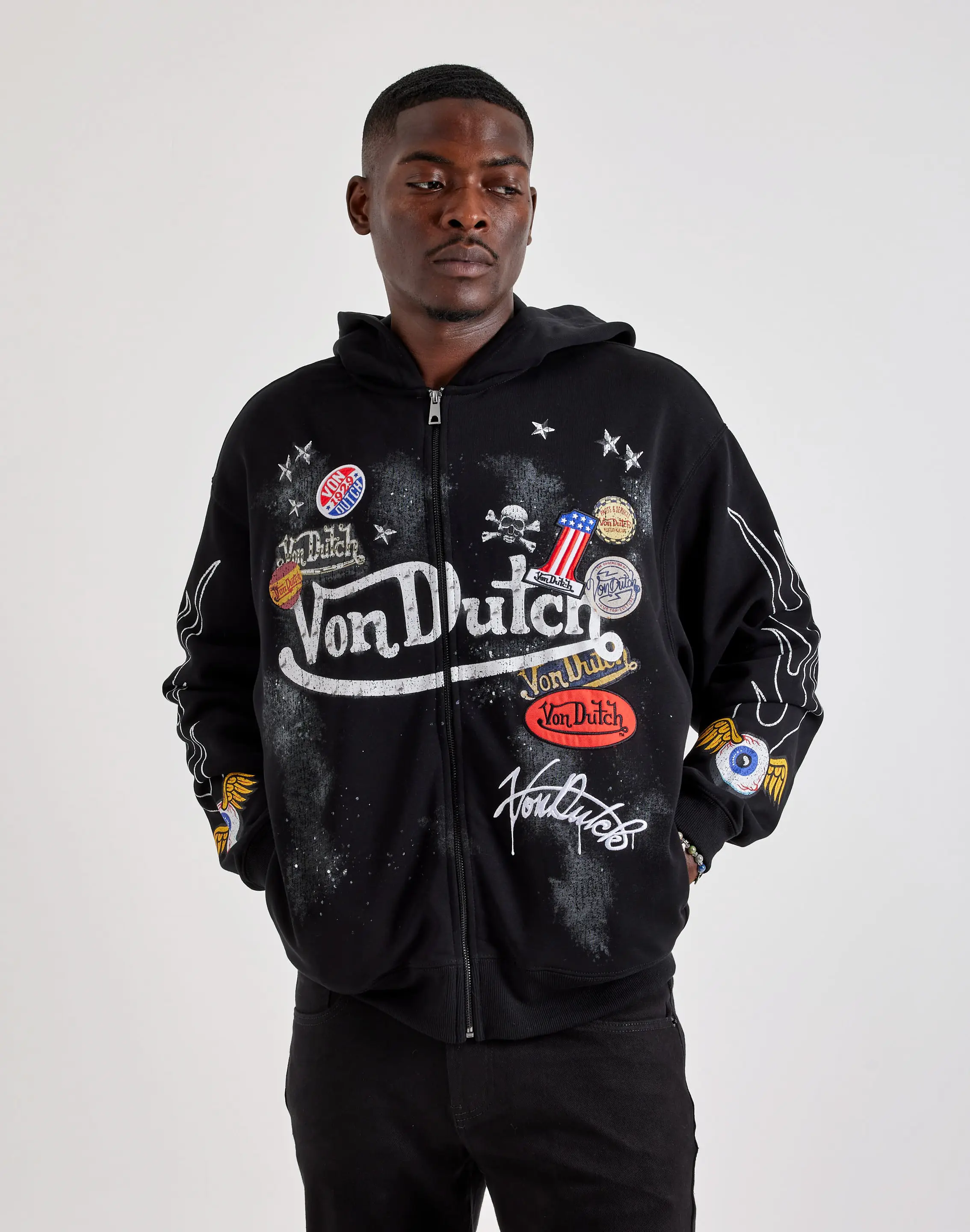 Mens Von Dutch Collage Washed Full-Zip Fleece Hoodie