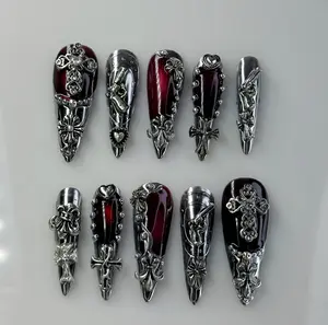 Gothic Chrome Press on Nails, Handmade Cross and Gun Custom 3D Art Nails, Silver & Red Acrylic Nails, Punk Metallic Silver Reusable Nails