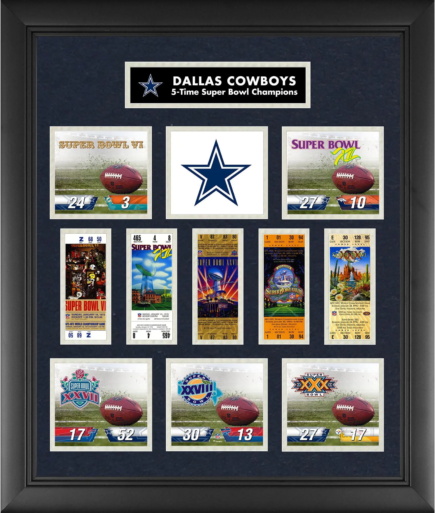 Dallas Cowboys Framed Super Bowl Replica Ticket & Score Collage - Limited Edition of 1000