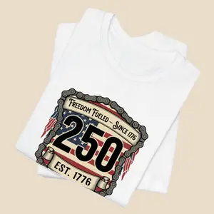 Women's Soft Casual Short-Sleeve Round Neck Freedom Fueled 250 Chain Badge T-Shirt, Bella+Canvas 3001 Fabric