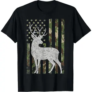 Cotton Short Sleeve Whitetail Buck Deer Hunting American Camouflage USA Flag T-Shirt For Men Women