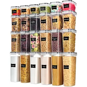 Airtight Food Storage Containers with Lids, 24 pcs Plastic Kitchen and Pantry Organization Canisters for Cereal, Dry Food, Flour and Sugar, BPA Free, Includes 24 Labels,Black