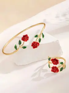 Elegant Vintage Rose Flower Bracelet Ring Set, 2-Piece Open Design Jewelry for Women, Daily Wear Fashion Accessories Matching Jewelry Set