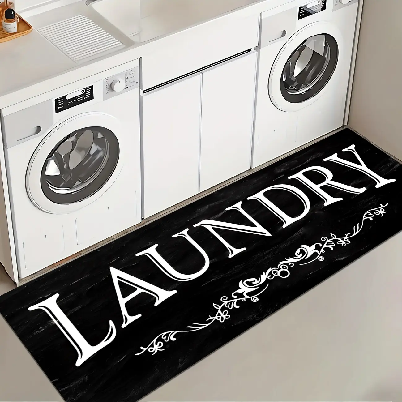 1 Pc Black Background Laundry Room Rug Soft And Comfortable Long Strip Carpet Printed Mat Anti Slip Floor Mat Suitable For Home Kitchen Living Room Bedroom Sink Laundry Room Decoration Carpet Mat Household Items