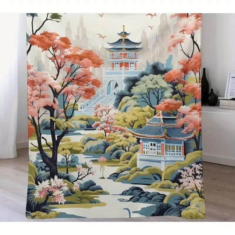 Valentine's Day blanket Chinese Style Asian Pagoda White Coral Blue Soft plushBLANKET