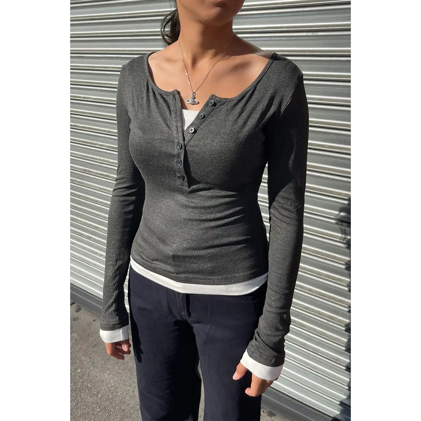 Y2K Faux Layered Long Sleeve Henley Knit Top