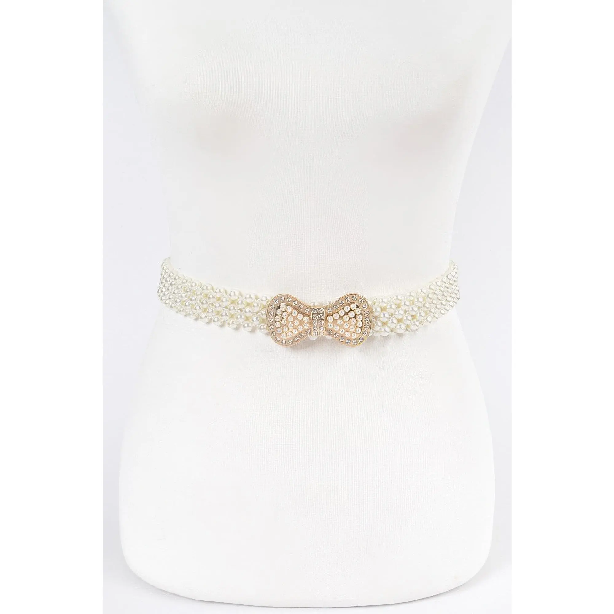 Elastic Pearl Waist Belt W/ribbon Buckle