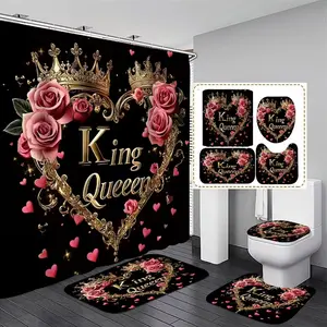 1/4-piece Pink Valentine's Day King and Queen Crown Theme Bathroom Shower Curtain and Mat Set, includes 12 hooks, non-slip bathroom mat, non-slip toilet U-shaped mat, toilet seat cover, bathroom partition, modern home decor.
