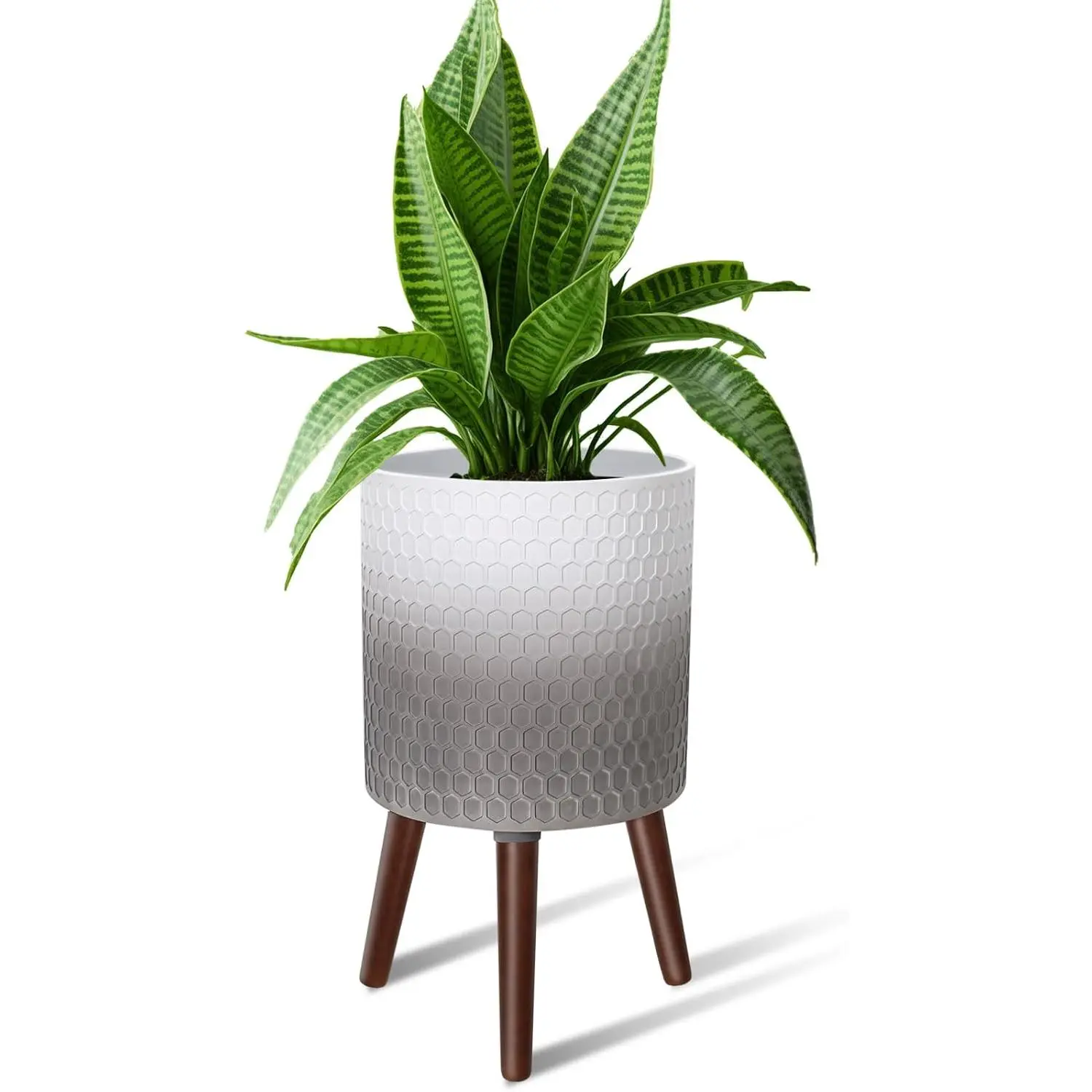 12-Inch Diameter Fiberglass Indoor Decorative Flower Pot with Walnut Stand, Honeycomb Embossing, Bottom Drainage Holes - Large Modern Planter for Christmas, Housewarming, Birthdays, Earth Day, 12 Inches