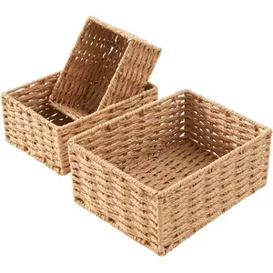Small Wicker Basket for Organizing, Woven Storage Basket Set of 3 - Handwoven Natural Paper Rope Baskets to Declutter Any Room, Perfect for Organizing and Home Decor