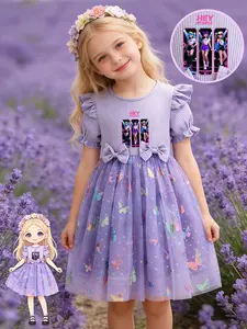 K-Pop Girl Group Print Dress, Butterfly Mesh Skirt, Dreamy Elegant Design, Perfect for Camping, Travel, Parties, Lavender Striped Bubble Sleeves