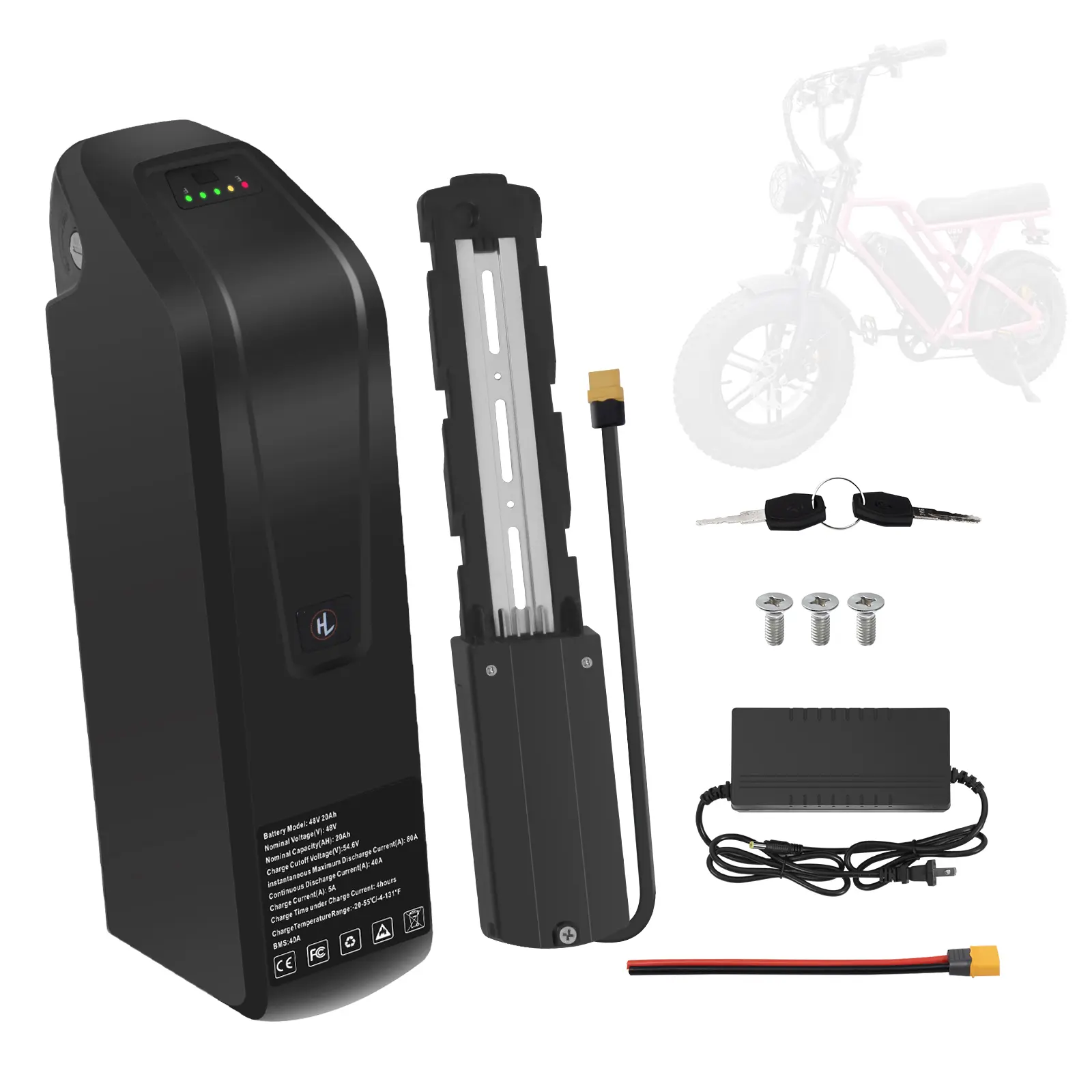 48V 20Ah Lithium Ion eBike Batteries, 4pin Base, 40A BMS, Safe Lock, USB Port, XT60 Plug, 1-Year Warranty for 0-1800W Motors, 1000+ Deep Charge Cycles, 3x Lead-Acid Lifespan, High Energy Density (Automotive Battery Charging Unit Component), 48 V