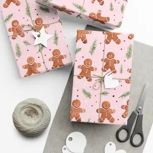 Cute Pastel Christmas Gingerbread Men Gift Wrapping Paper, Whimsical Gift Wrap, Cottagecore, Light Pink, For Daughter, Kids, Little Girl , Best of gift, Meaningful gift. (Get 1 paper cutter when buying any 5 rolls)
