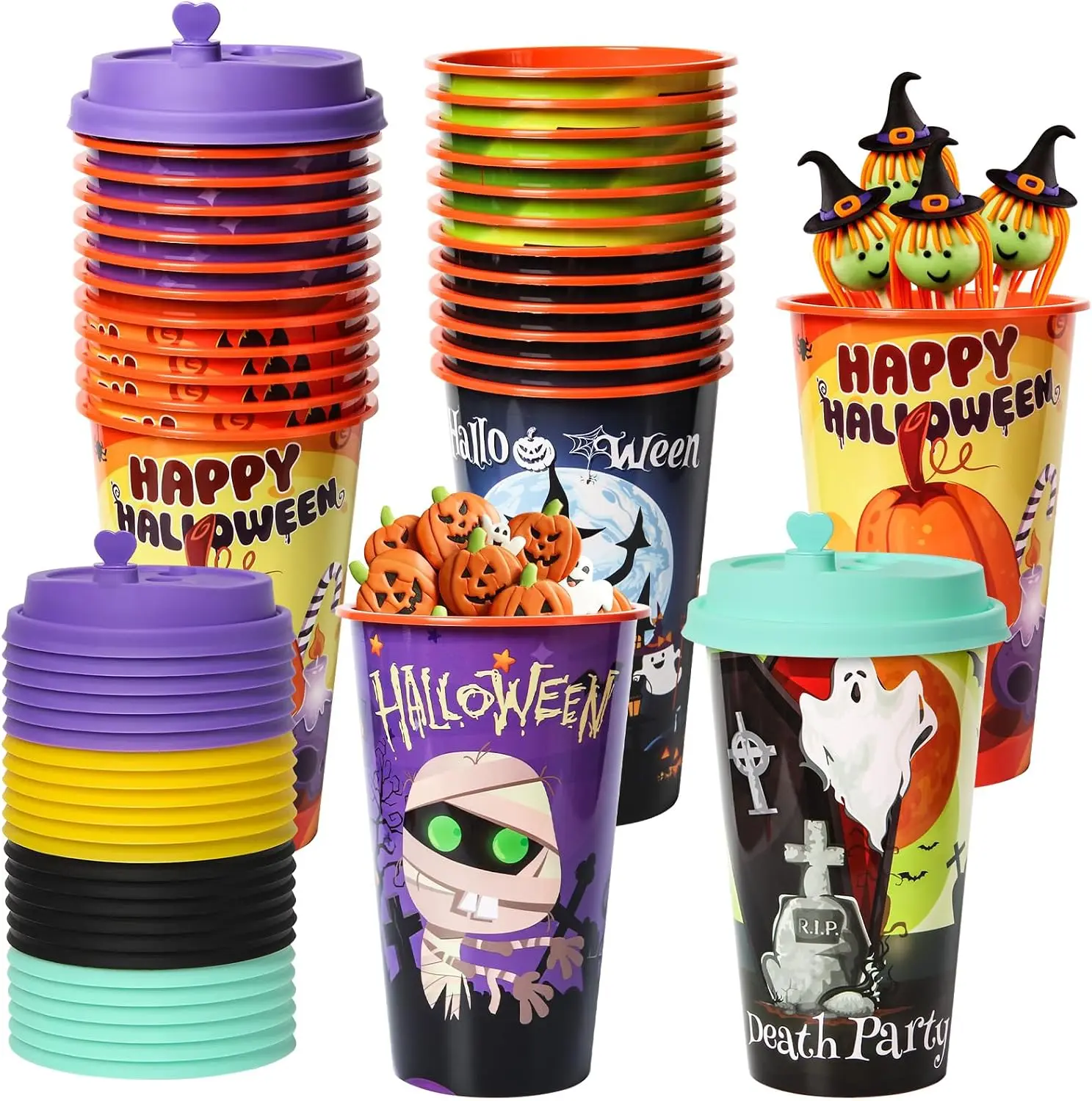 Halloween Fall Gift 24 Pack Halloween Party Favors Goodie Cups - Bats, Ghost, Cats, Pumpkin, Witch, Spider Patterns - 16OZ Reusable Plastic Cups With Lids and Plugs for Party Decorations