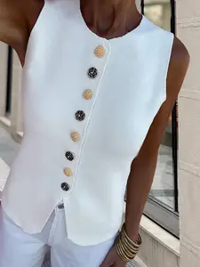 Spring Summer Vintage Fashion Elegant Metal Button Open Front Solid Color Sleeveless Round Neck Business Casual Jacket Women's Knit Cardigan Vest Top