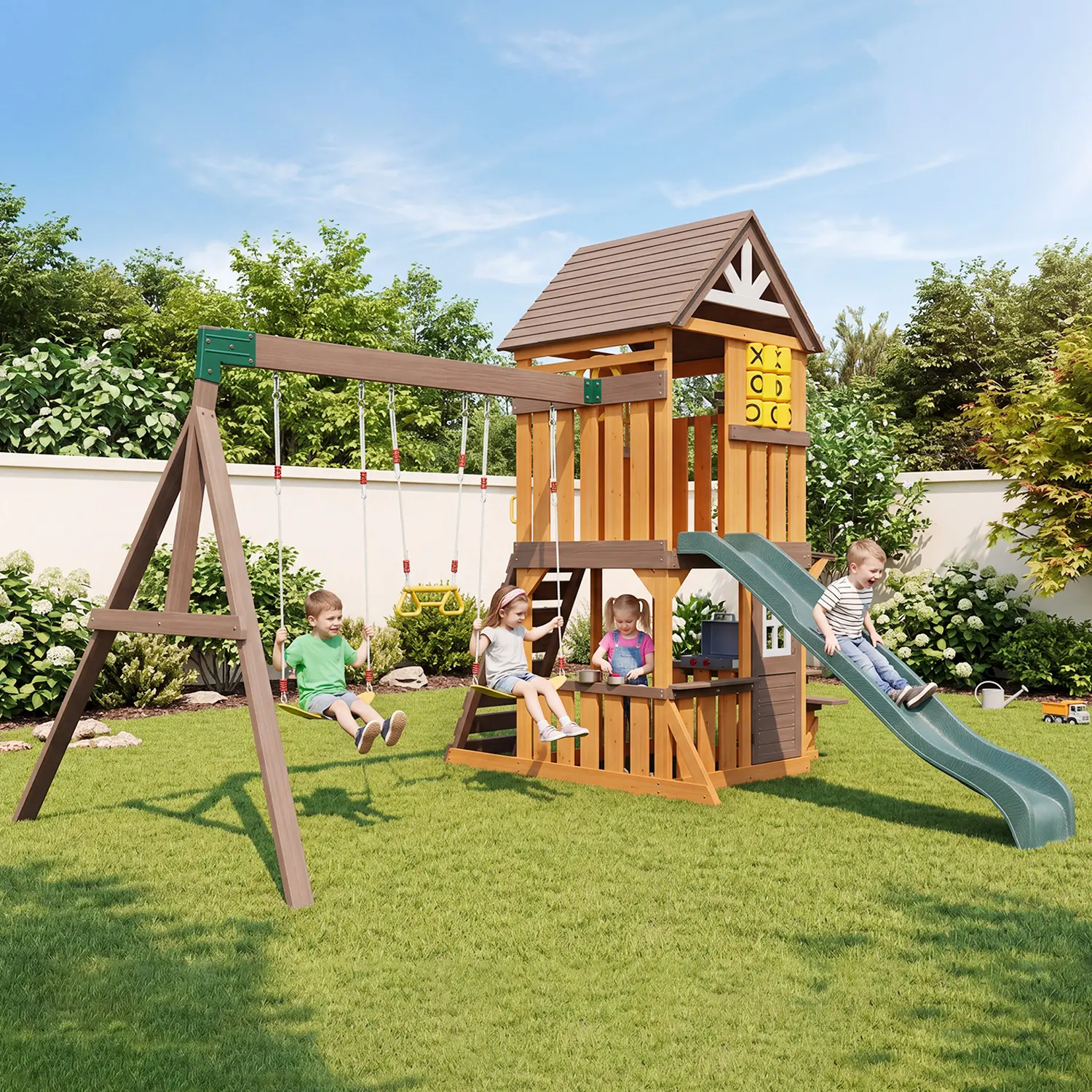 Aoxun Wood Kids Outdoor Playhouse Swing Set, Backyard Playground with 7FT Wavy Slide, 3 Swings, Rock Climbing Wall, Pretend Kitchen & Tic-Tac-Toe Game, Weather Resistant Wooden Play Set for Ages 3+