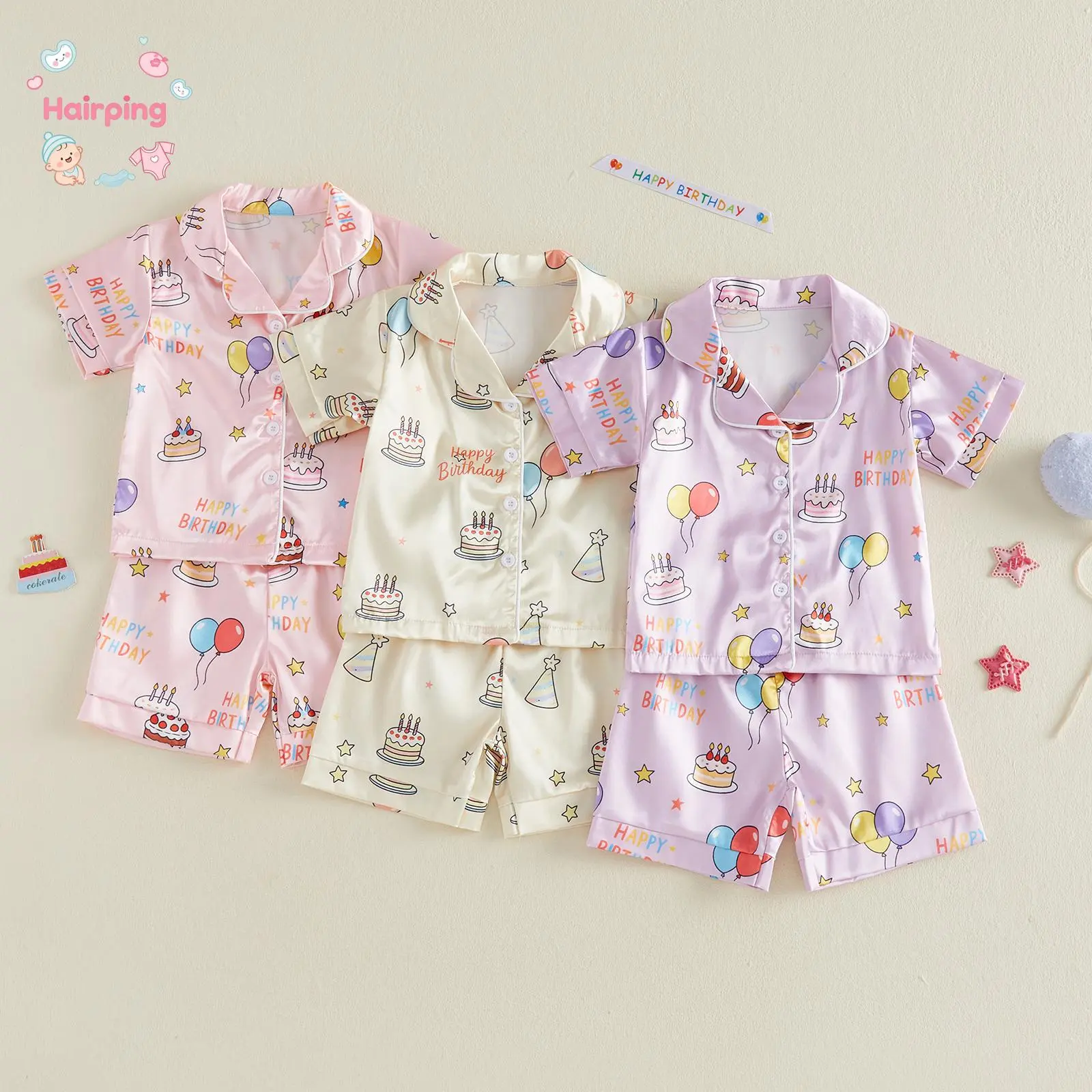 Baby Girl 2-Piece Satin Birthday Pajama Set - 1 Top + 1 Shorts, Short Sleeve Button-Down Top, Soft Polyester Breathable Summer Sleepwear, Cake & Balloon Print Infant Sizes Loungewear Gift Set, Short Sleeve Tops, Cake Print