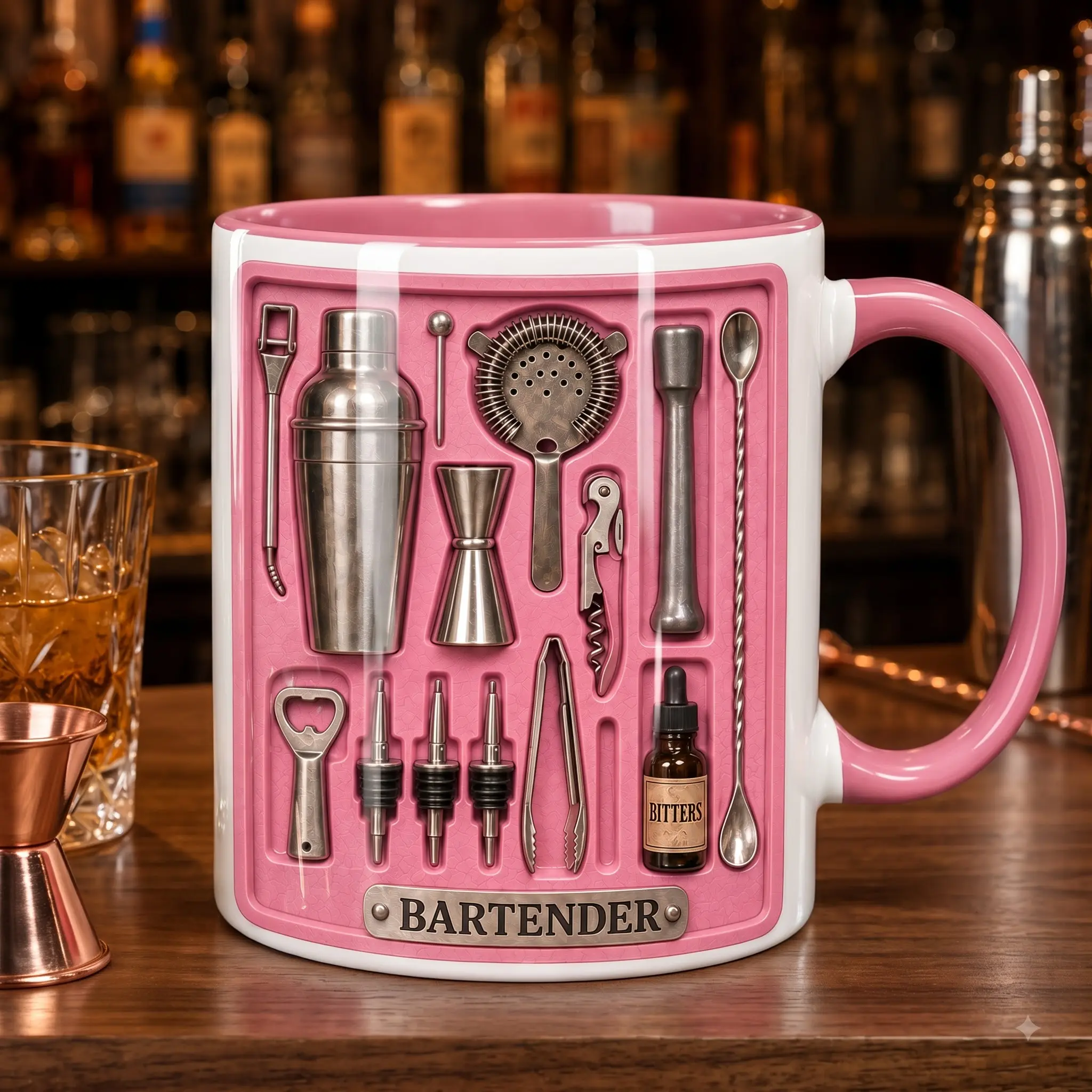 Bartender Coffee Mug, Cocktail Bar Tools Mug, Mixology Shaker Drinkware Cup, Bar Service Gift Mug