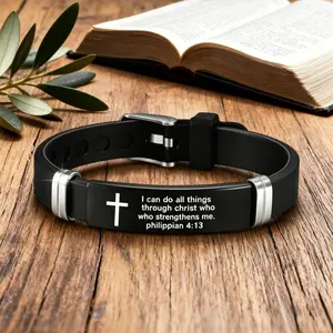 Inspirational Bible Verse Cross Bracelet, Faith-Based Christian Silicone ID Wristband, Stainless Steel & Rubber Adjustable Religious Gift for Men and Women