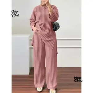 Relaxed Understated Long Sleeve Blouse Wide Leg Pants Sets Women Matching Sets Solid Islamic Clothing Muslim Tracksuit Outifits 2PCS