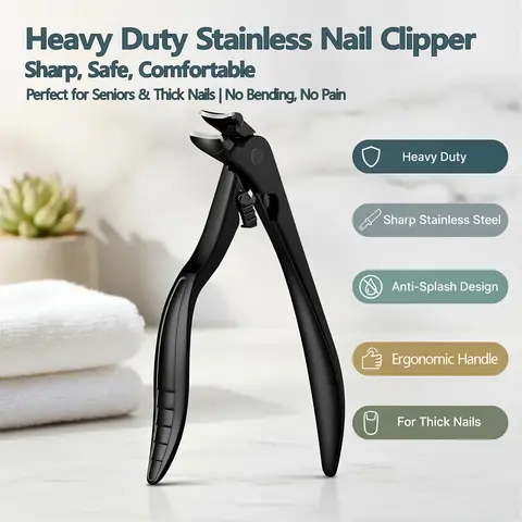 Heavy Duty Long Handle Wide Jaw Nail Clippers - Sharp Stainless Steel, Anti-Splash, Unisex Ergonomic Daily Manicure Tool, Compact Travel Size, Curved Handle Reduces Hand Fatigue, Hidden Blade Cover, Mess-Free Cuts for Adults, Thick Nails, Daily Family Use