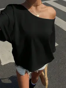 Women's Y2K Style Off-Shoulder Loose Graphic T-Shirt, Casual Loose Short Sleeve Top, Suitable for Streetwear and Summer Wear