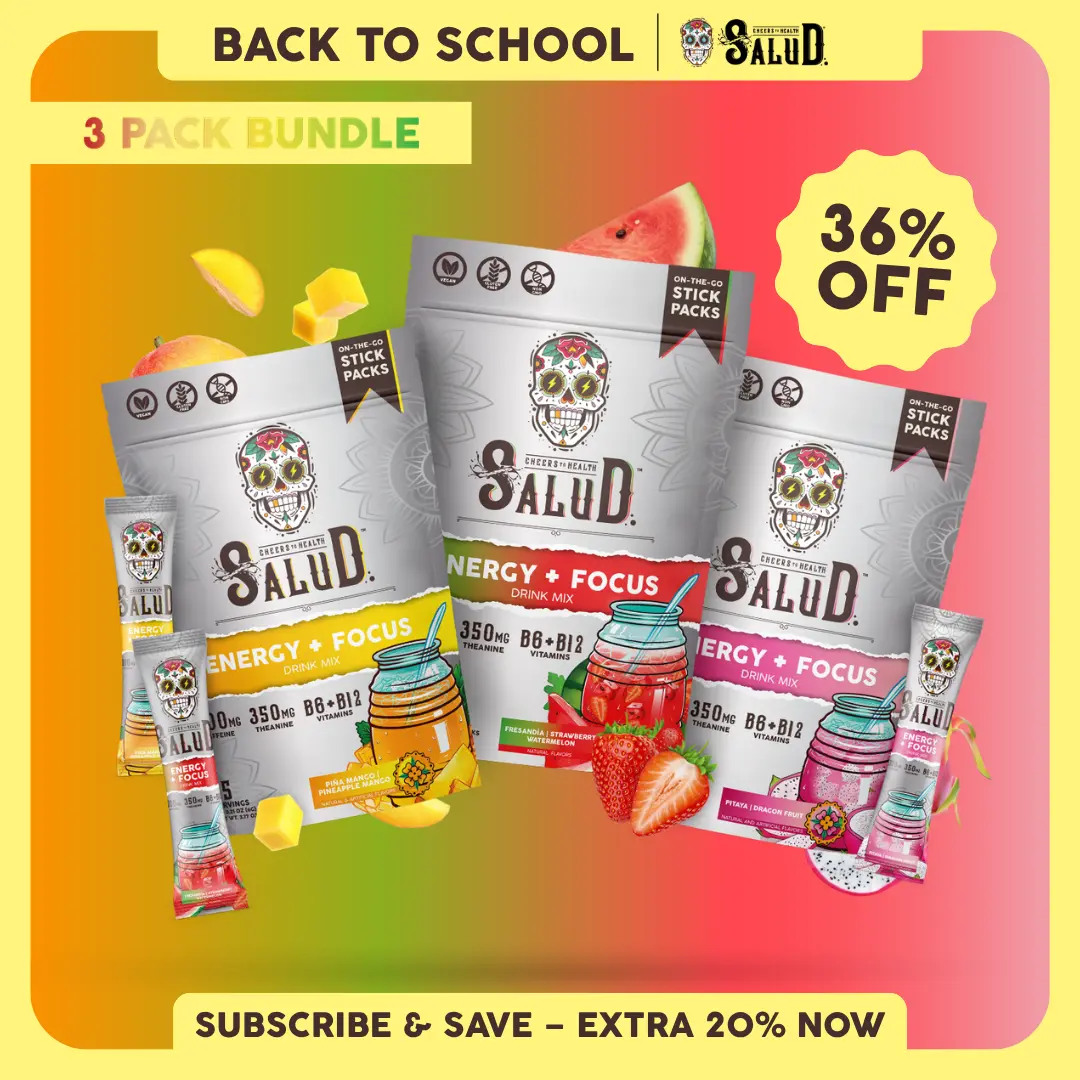 Salud 2-in-1 [Energy + Focus - Trio] Clean Energy Drink Mix, Agua Fresca, Organic Caffeine, B6 & B12, L-Theanine, Non-GMO, Gluten Free, Vegan, 1g Sugar (3-Pack, 45 Servings)