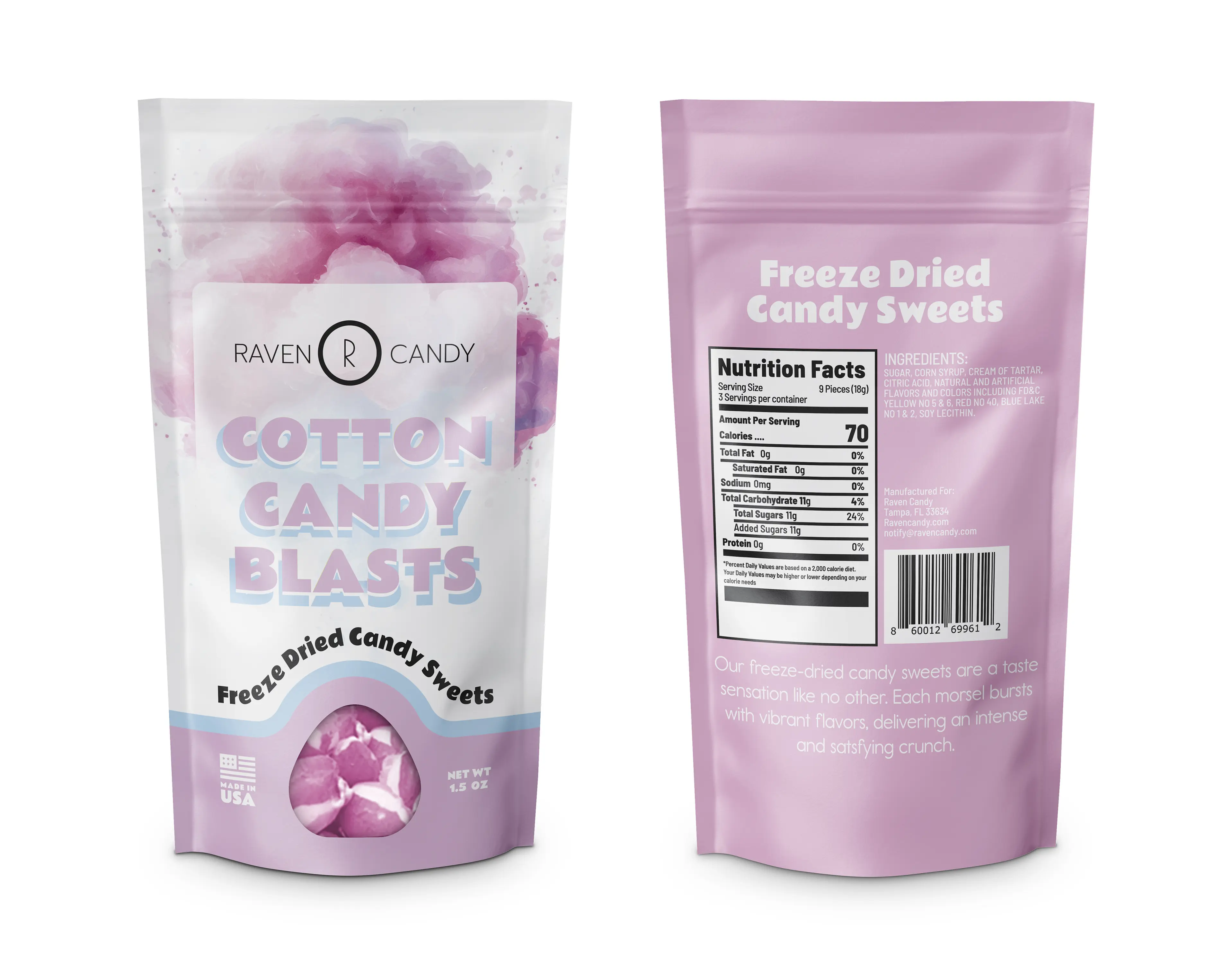 Raven Candy Cotton Candy Freeze Dried Candy 1.5 oz Snack Sweet