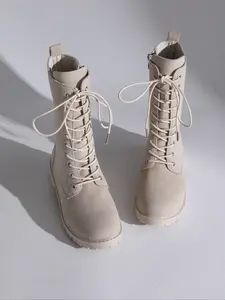 Women's Fashion Lace-Up Mid-Calf Boots, Vintage British Style Chunky Heel Combat Boots, Versatile Round Toe Side Zip Short Boots