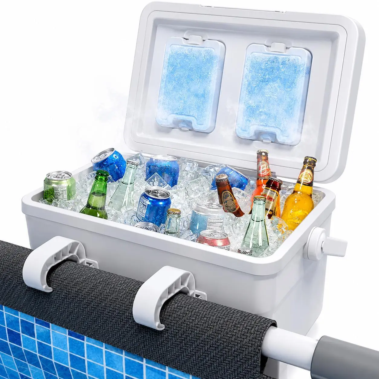13QT Hanging Pool Cooler Bag, Large Insulated Poolside Drink Cooler with 2 Ice Packs, Holds 24 Cans, Portable Cooler for Above Ground Pools, Car, Camping, Outdoor Parties, Compatible with Intex & Bestway