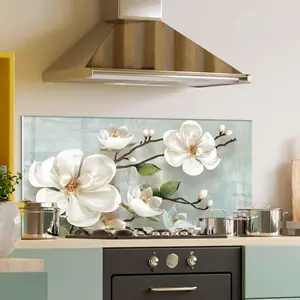 GCKG Wight flowers design with green background Tempered Glass Kitchen Backsplash, Stove Back Cover, Stove Splashback, Cutting Board, Kitchen Wall Decor