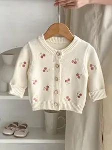Girls Fall Sweater Jacket with Cherry Embroidery, Knitted Long Sleeve Outerwear, Trendy New Top for Kids, Button Front Cardigan