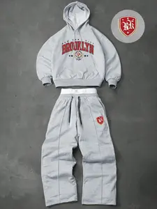 Men's Preppy Two-Piece Sweatsuit Set, Hooded Sweatshirt & Drawstring Trousers, Letters Stars Patterns, Fall Winter Fashion
