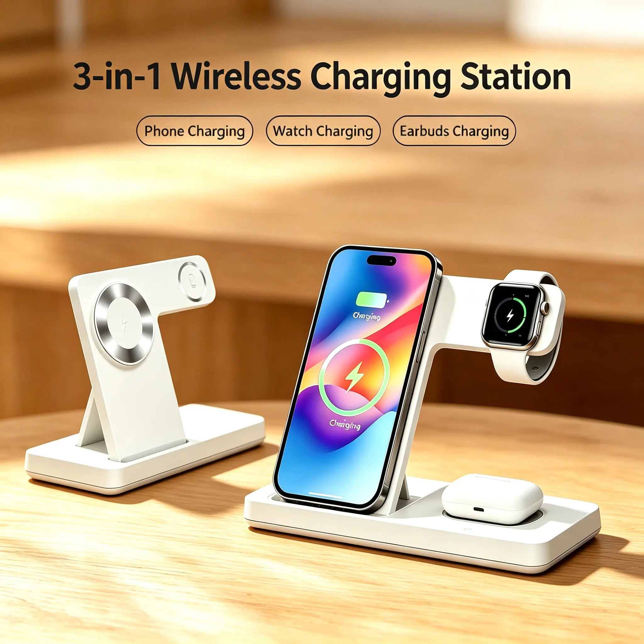 【Upgraded Magnetic Wireless Charging】Wireless Charger Station 3 in 1 for iPhone 8-17 Series Apple Watch AirPods Pro 3 2 with 18W Adapter Fast Charging 7.5W 15W 10W Safety Features Simultaneous Charging Non-Slip Silicone Design