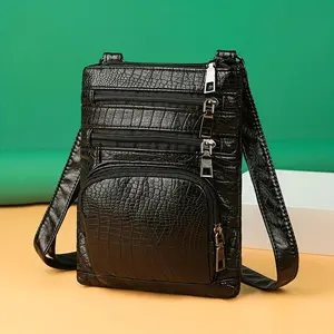 Multi-pocket casual shoulder bag, unisex vintage flap wallet, crocodile embossed phone bag, mini PU leather crossbody bag, women's multi-zip square wallet, crossbody bag, fashion luxury bag, mini bag, phone bag