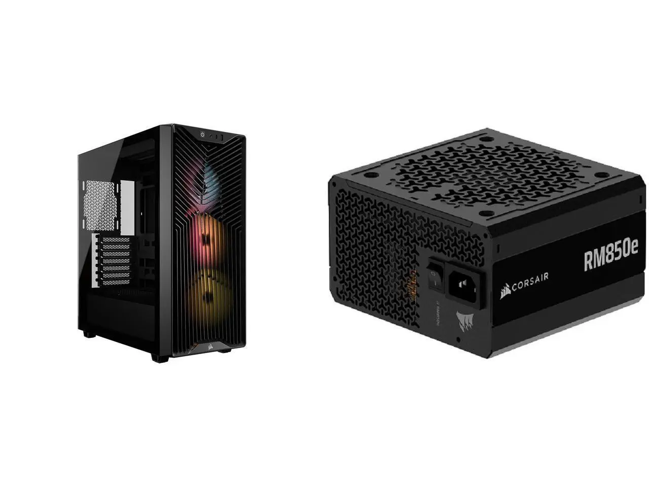 The CORSAIR 3200D RS ARGB is a spacious and fully-loaded mid-tower chassis with 3x RS120 ARGB fans and useful DIY features for an easy build with powerful cooling. Black. CORSAIR RMe Series RM850e 850 W Power Supply
