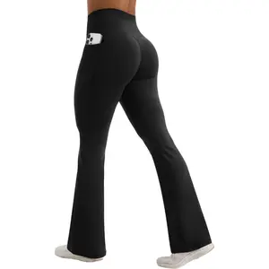 Flamingals Lycra High Waisted Hidden Scrunch Flared Leggings With Pockets Womenswear Stretchy 31.5" Inseam