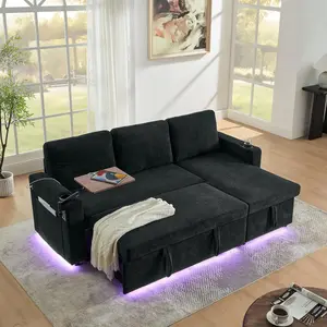 85''Pull Out Sofa Bed for Living Room, Modern L Shaped Sleeper Sofa with Storage Chaise, 3 Seat Convertible Couch Bed with LED Lighting, Retractable Table, USB Charging Ports, Cup Holders, Black