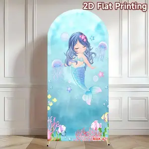 Cartoon Underwater World Mermaid Arch Backdrop for Girls' Birthday Party Ocean Themed Tea Party Decor Background