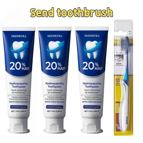 SKIDNRYKA 20% Hydroxyapatite Whitening Toothpaste, deep cleaning for whiter teeth, fresh breath, daily oral care and health, travel portable pack, toothbrush set, best gift, unisex, includes a free toothbrush