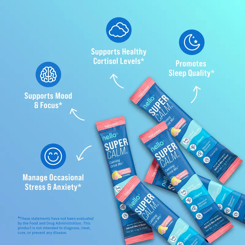 Nello Supercalm Calming Drink Mix with KSM-66 Ashwagandha Vitamin D3 Magnesium & L-Theanine Supports Cortisol Balance Mood Sleep 20 Servings Travel Packets Dietary Supplement 3