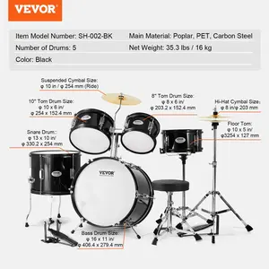 VEVOR Kids Drum Set, 5-Piece, 16 in Beginner Full Drum Set with Bass Toms Snare Floor Drum Adjustable Throne Cymbal Hi-Hat Pedal and Two Pairs of Drumsticks, Starter Drum Kit for Child Kids, Black