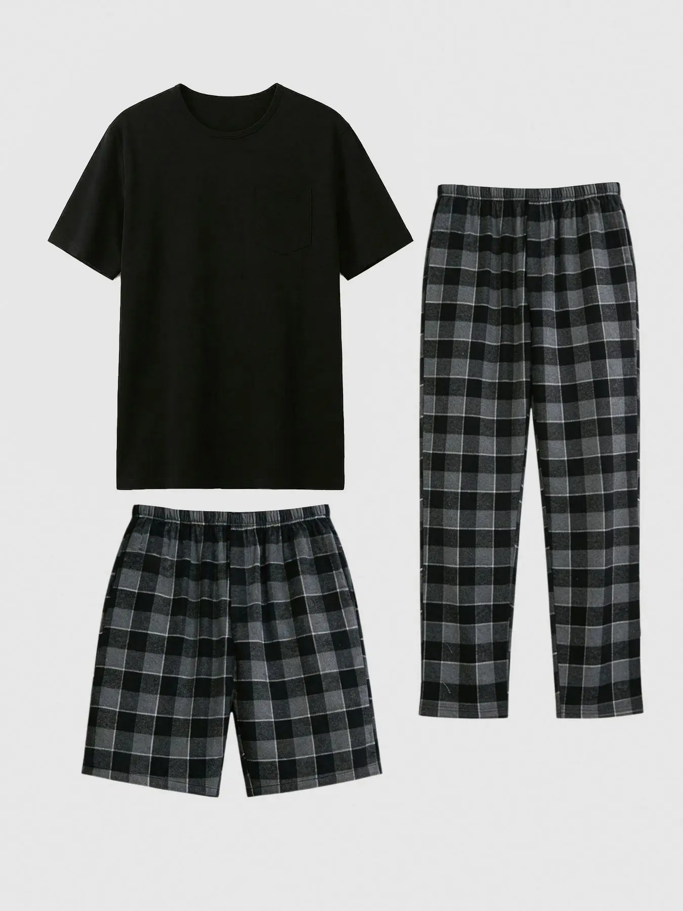 Men's Round Neck Short Sleeve Pocket Tee & Elastic Waist Pants & Straight Leg Shorts Checked Plaid Pyjamas Set, Regular Fit Soft Breathable Three-piece PJ Set for Daily Wear, Casual Comfy Men's Sleepwear & Loungewear Set for Summer Pajama Set