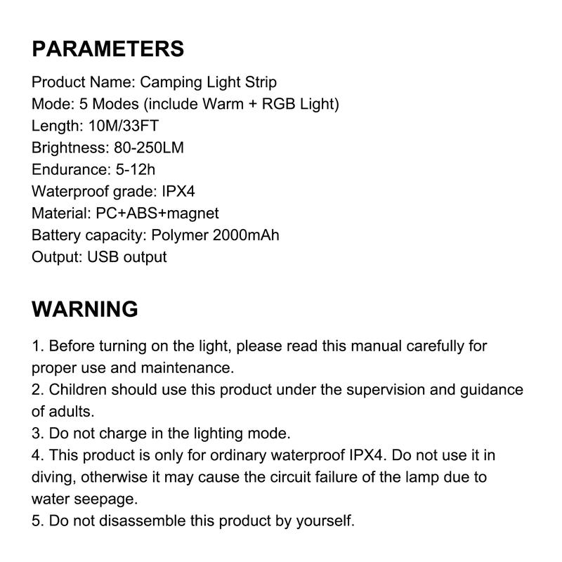 Camping String Lights, 4 in 1 Quick Storage 33FT Rechargeable Tent Lights String with 8 Lighting Modes, Hanging Waterproof Portable LED Lamp for Outdoor Patio Awning Party Essentials