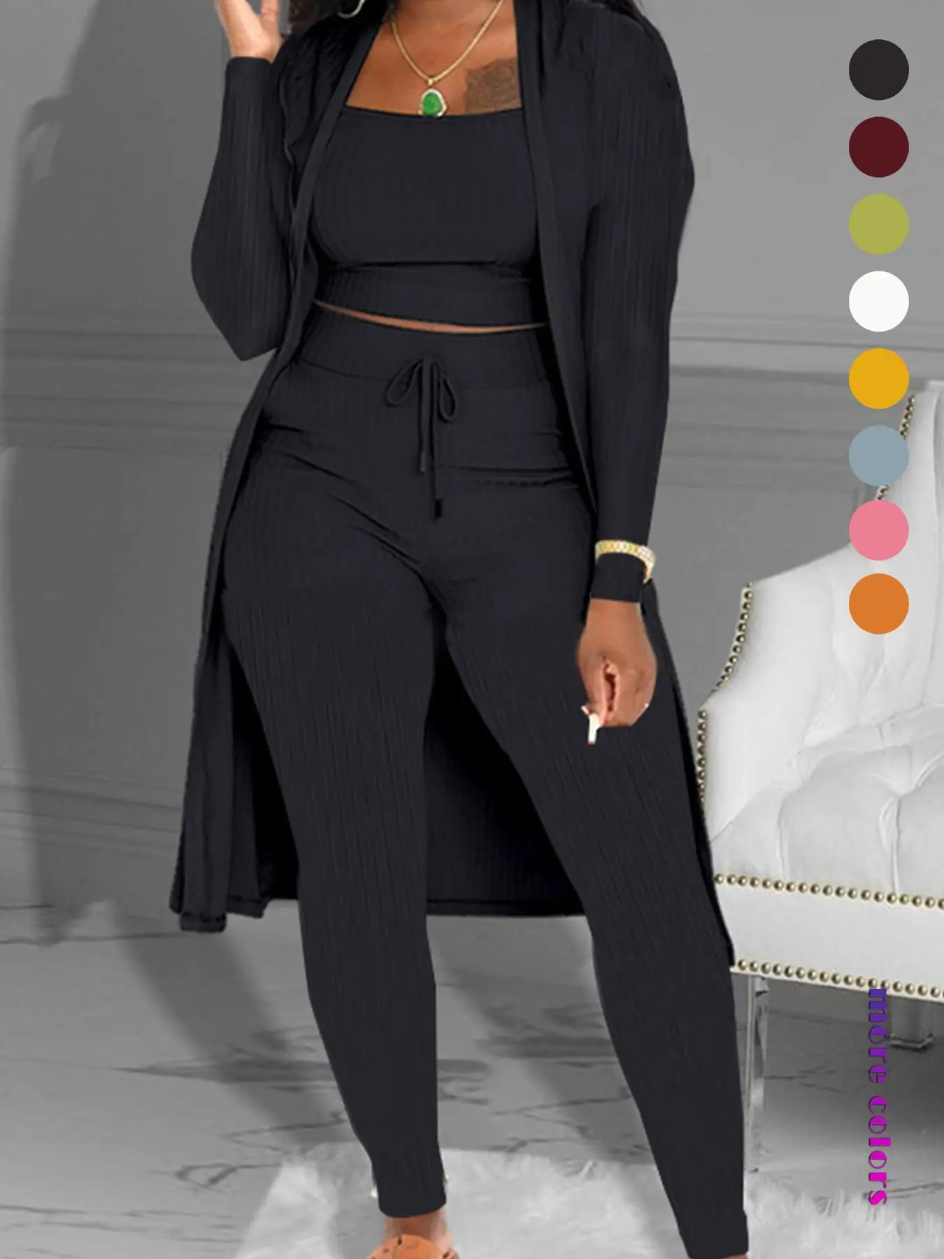 Women's Plain Long Sleeve Open Front Cardigan & Tie Front Leggings & Sleeveless Cropped Top Set, Casual Elegant Fashion Cozy Breathable Women's Outfit