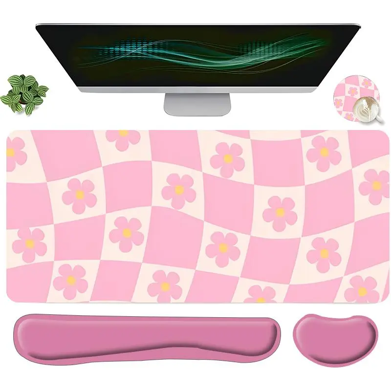 Checkerboard Flower Pattern Mouse Pad Set, Waterproof Mouse Pad & Keyboard Wrist Rest & Coaster, Ergonomic Wrist Support, Computer Mat Mouse Pad Coaster for Home Office Gaming, Gaming Mousepad