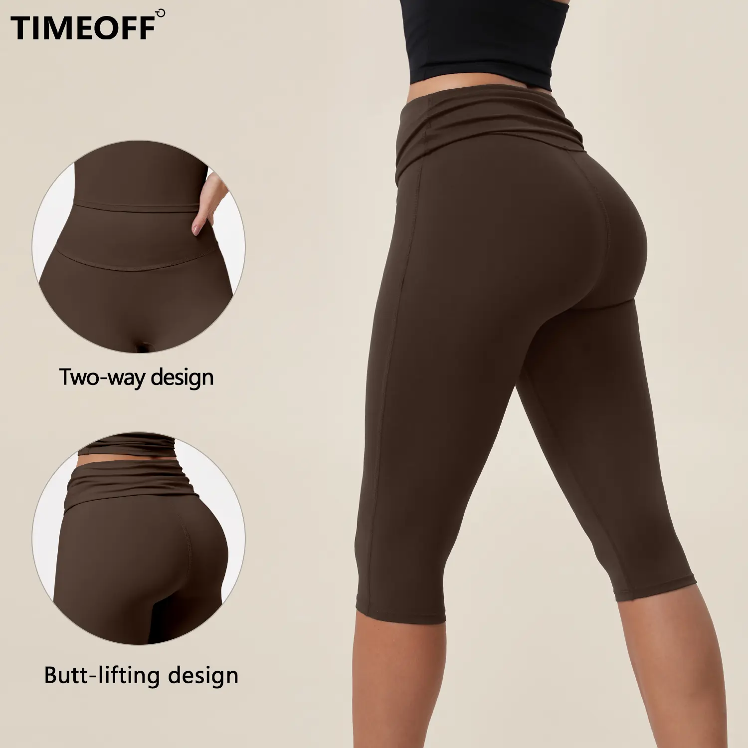 TIMEOFF Women's Fold‑Over Waist Knee‑Length Leggings - Two‑Way Wearable, Butt‑Lifting Design, Stretchy Breathable Fabric | Tummy Control, Non‑Slip, No Ride‑Up | Ideal for Yoga, Gym, Running & Casual Wear