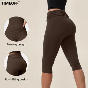 TIMEOFF Women's Fold‑Over Waist Knee‑Length Leggings - Two‑Way Wearable, Butt‑Lifting Design, Stretchy Breathable Fabric | Tummy Control, Non‑Slip, No Ride‑Up | Ideal for Yoga, Gym, Running & Casual Wear