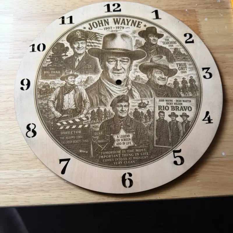 11x11 Rustic Western Cowboy Collage Round Analog Wood Clock - Home Decor, Room Decor for Indoors, Vintage Heroes Themed Mountable Collectible for John Wayne Fans, Celebrates John Wayne's Legacy, Fans and Collectors Nostalgic Accent